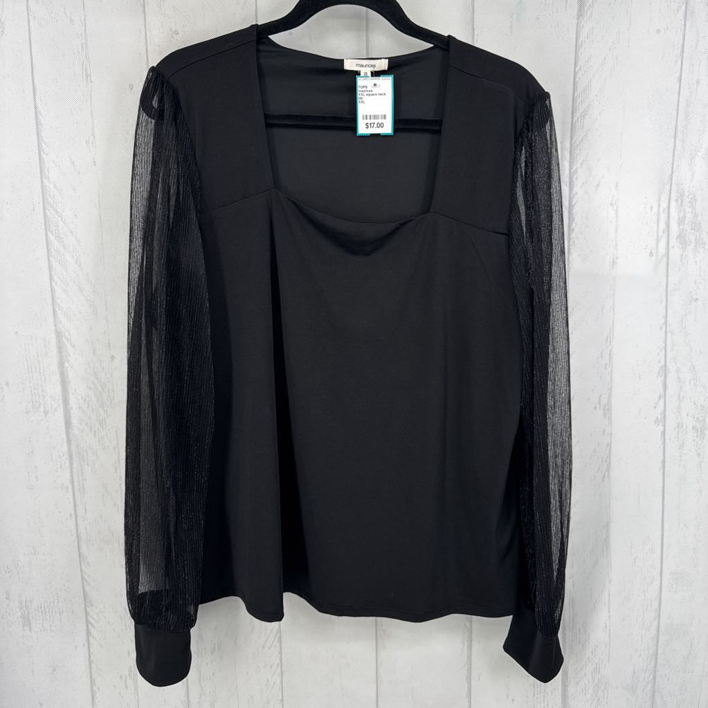 XXL square neck pleated sheer top l/s