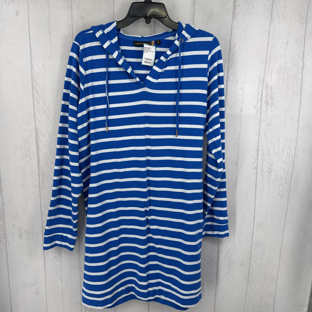 M striped split neck hooded l/s dress