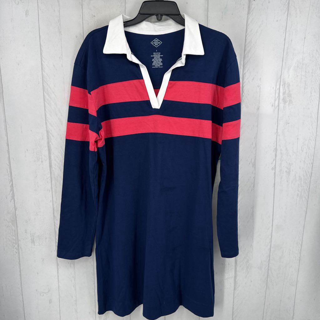 L rugby stripe split neck l/s dress