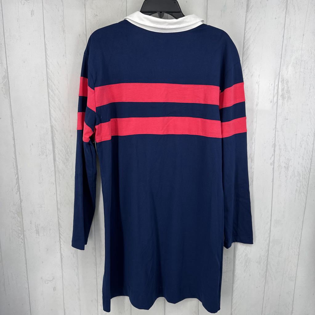 L rugby stripe split neck l/s dress