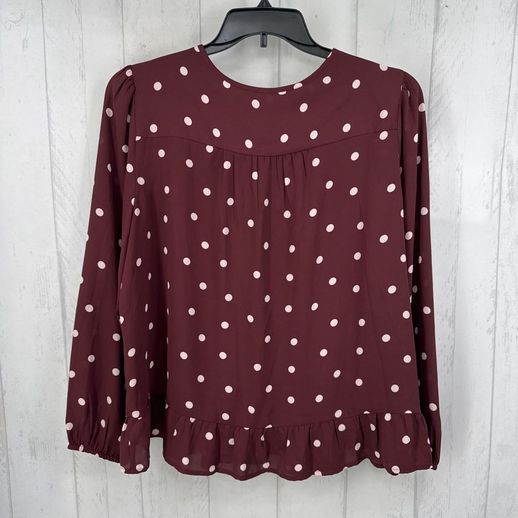 XL polka dot ruffle hem tie front l/s top