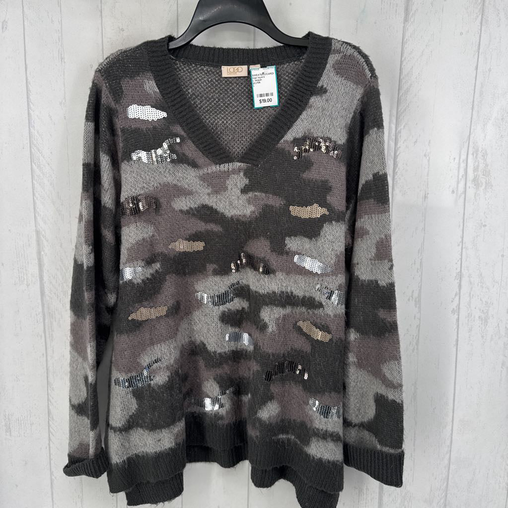 L sequin embelished camo print v-neck sweater