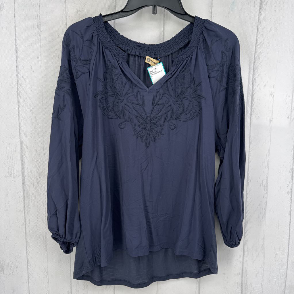 S flo embroidered split neck l/s top