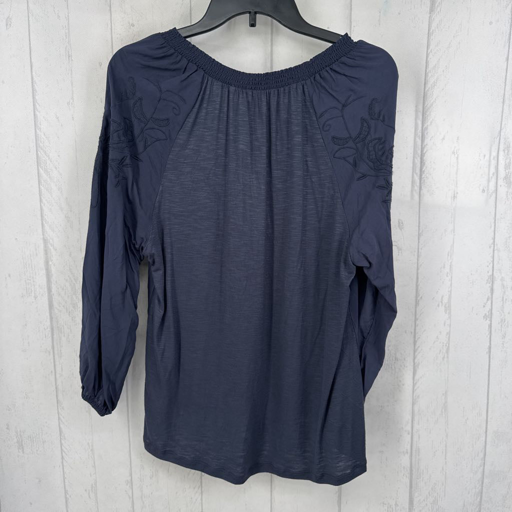 S flo embroidered split neck l/s top