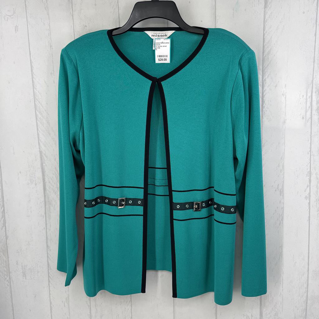 XL buckle detail open front knit cardi