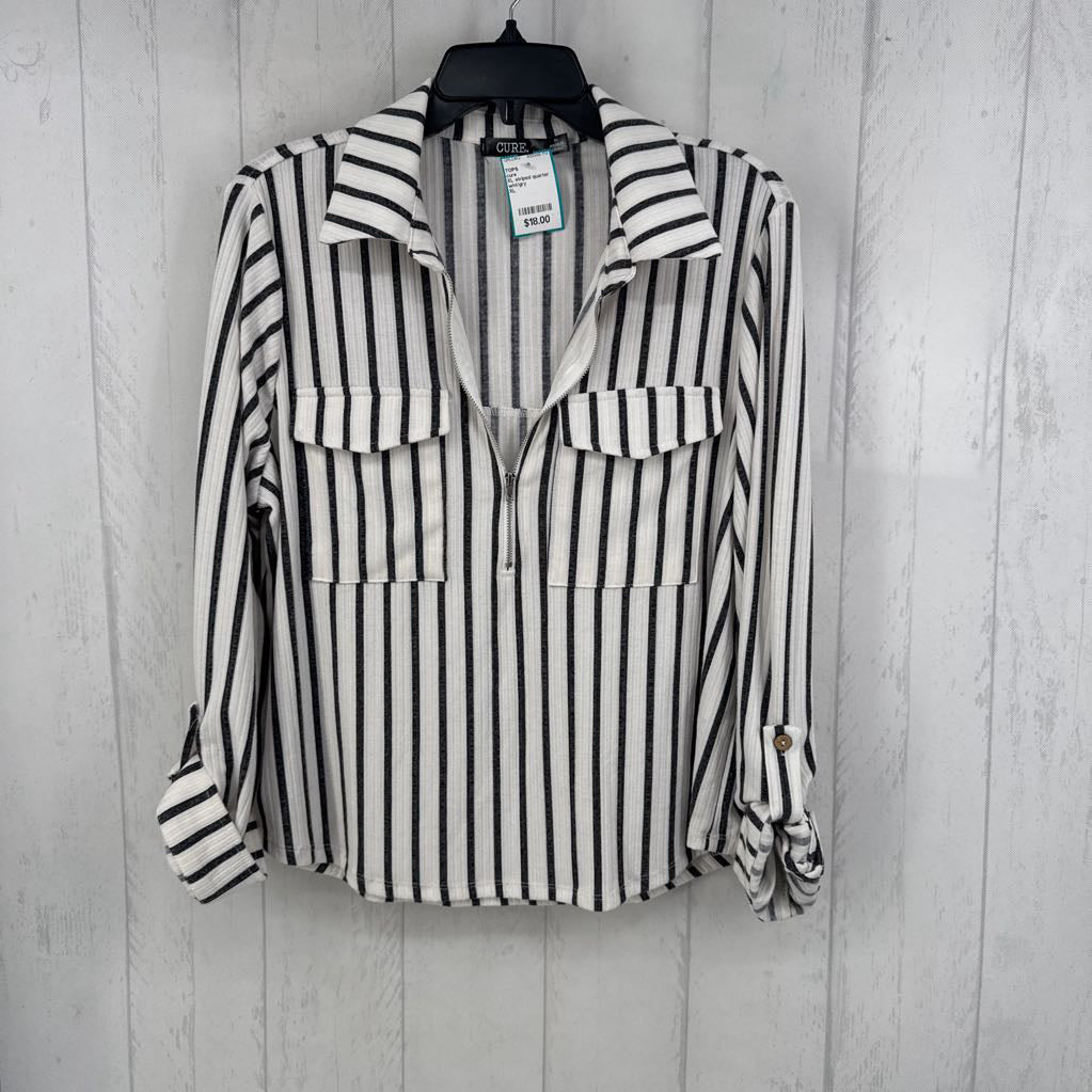 XL striped quarter zip tab slv top