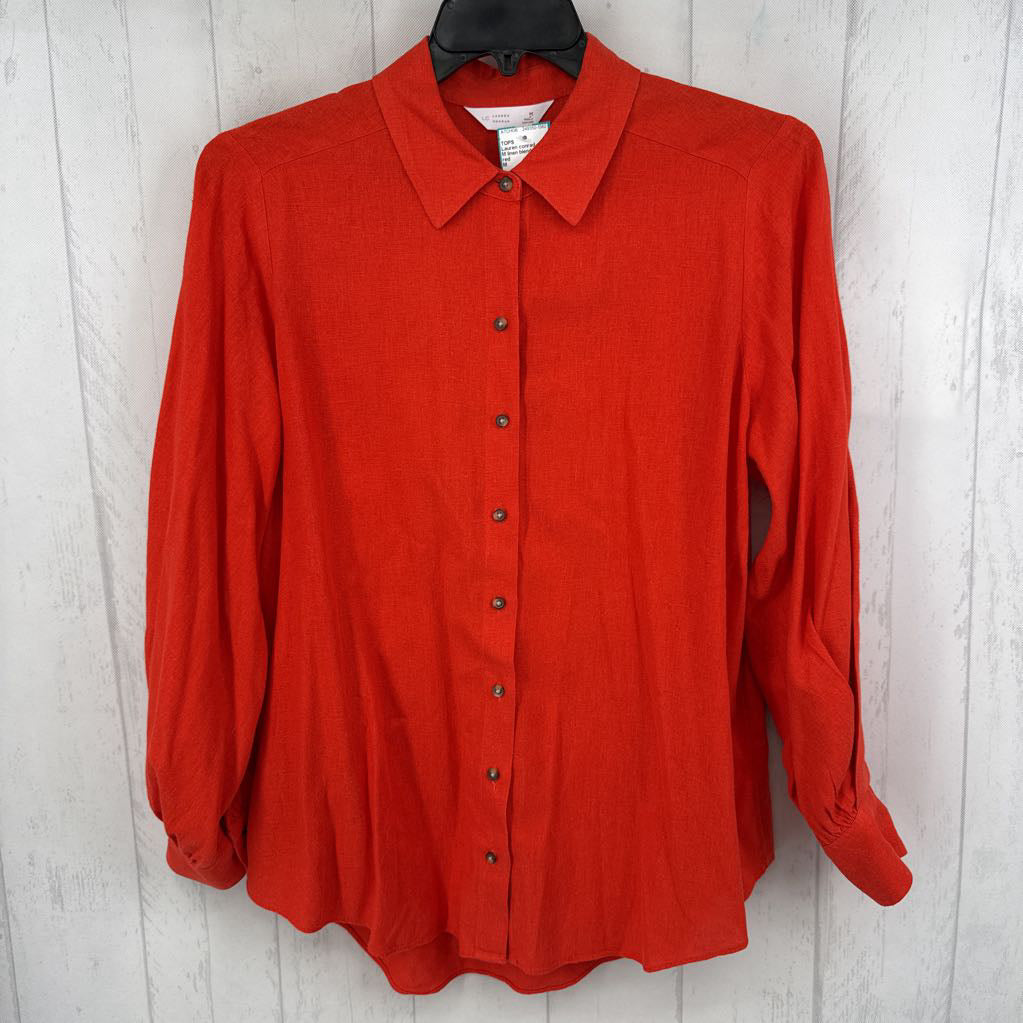 M linen blend button down l/s top