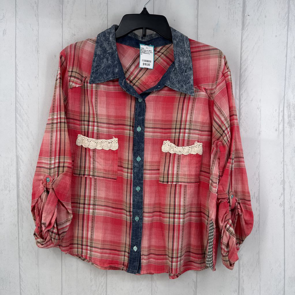 Plaid Shirt w/ Lace Trim Pockets & Acid Wash Collar