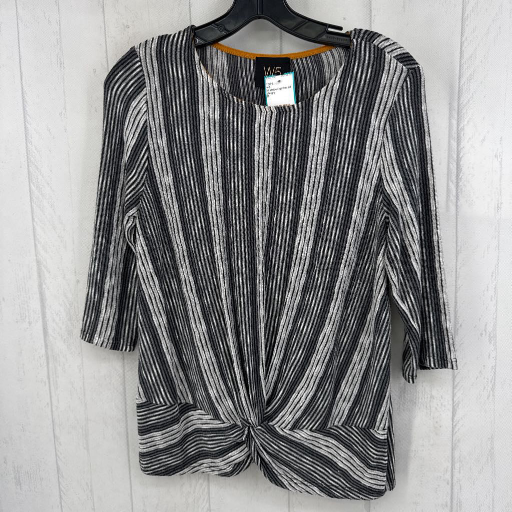 M striped gathered hem 3/4 slv top