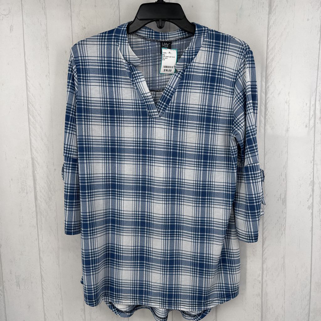 S/M plaid spli neck 3/4 slv top