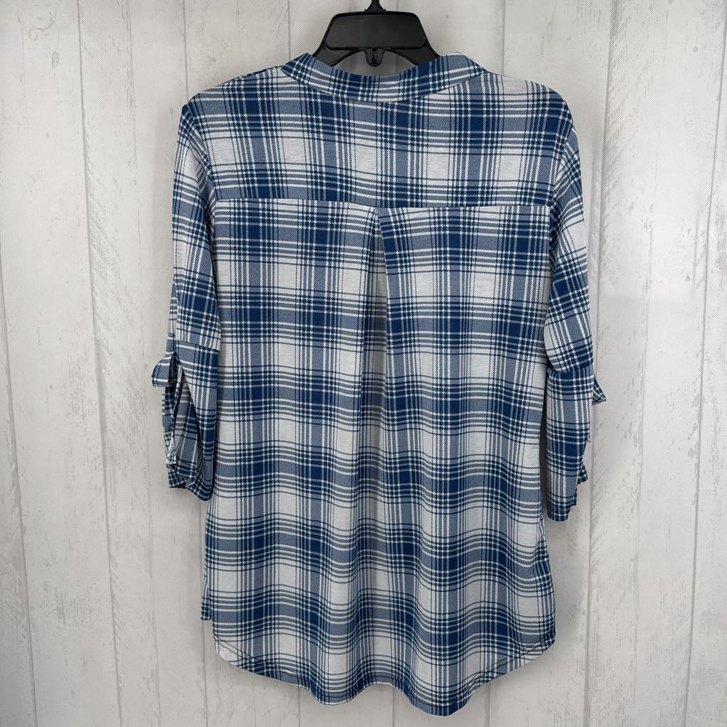S/M plaid spli neck 3/4 slv top