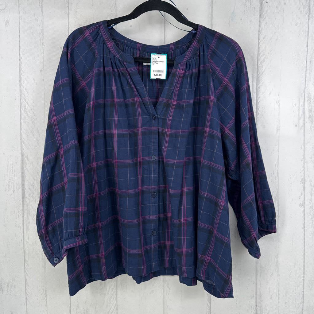 Plaid Notch Neck 3/4 Sleeve Top