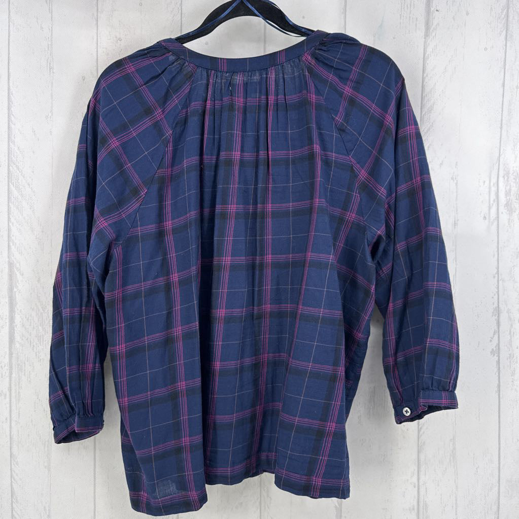 Plaid Notch Neck 3/4 Sleeve Top