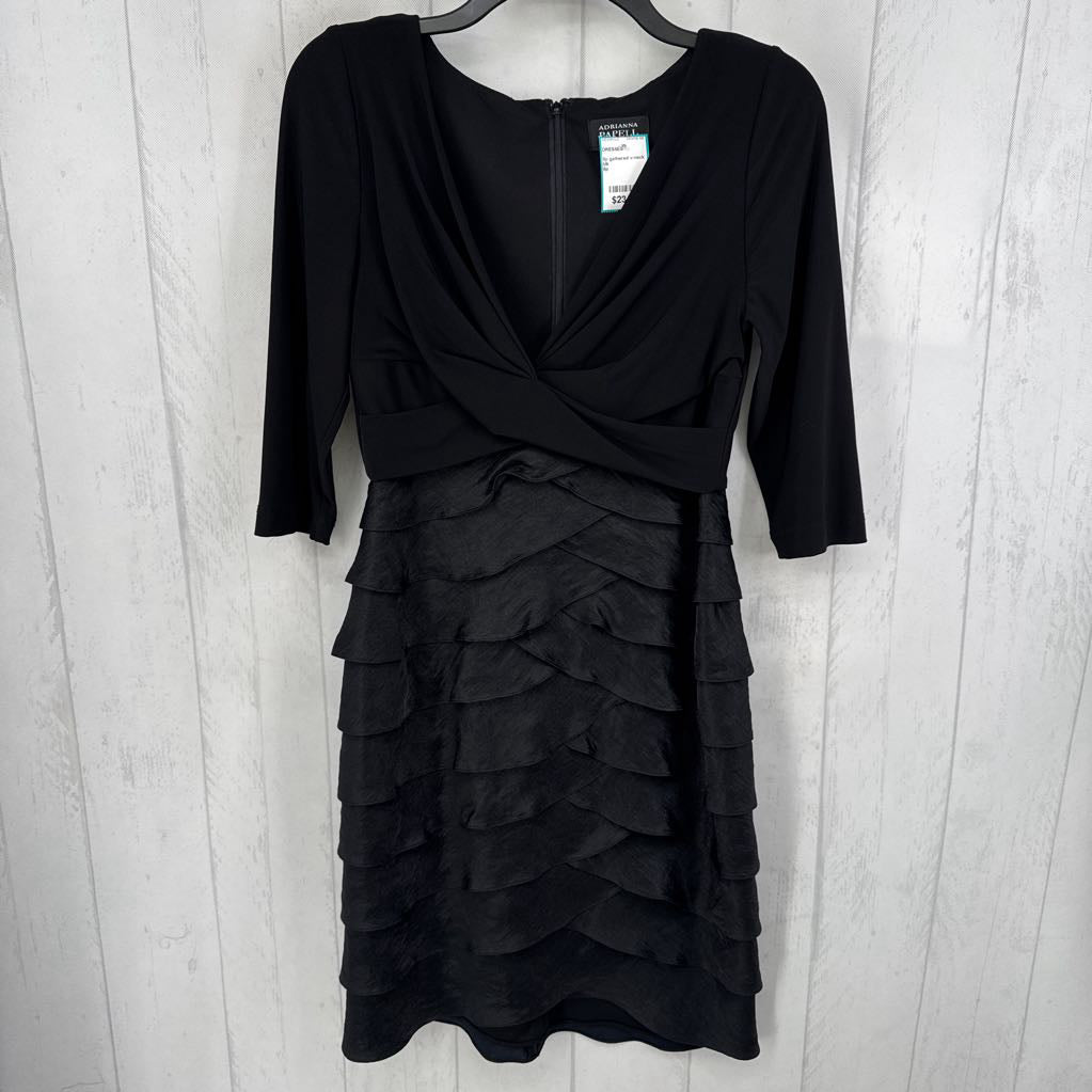 8p gathered v-neck ruffled elbow slv dress