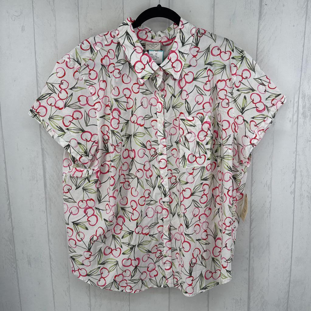 2X cherry print button down s/s top