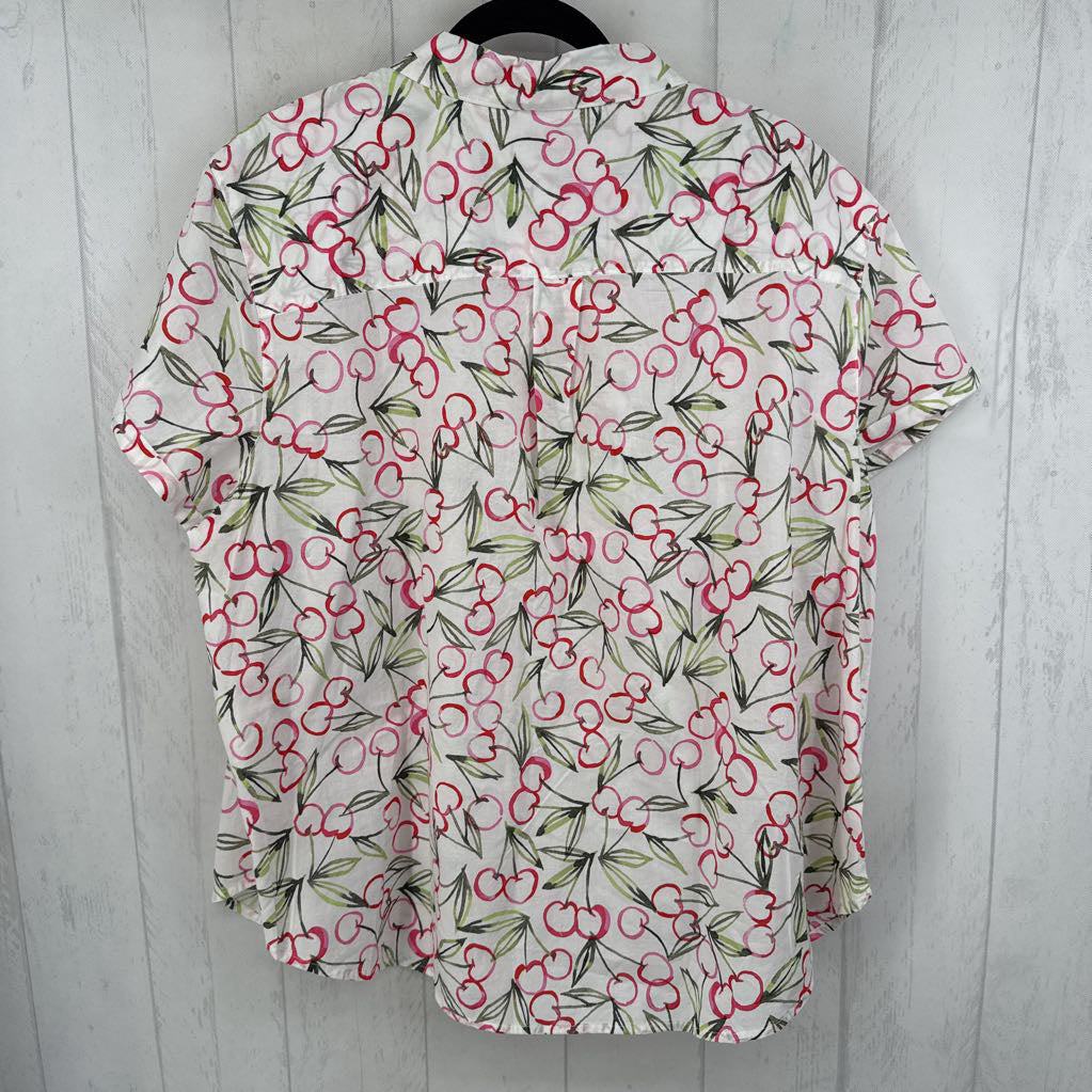 2X cherry print button down s/s top