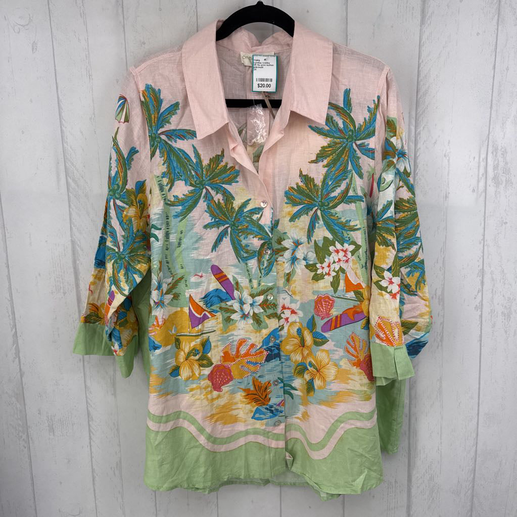 2X flo print button down s/s top