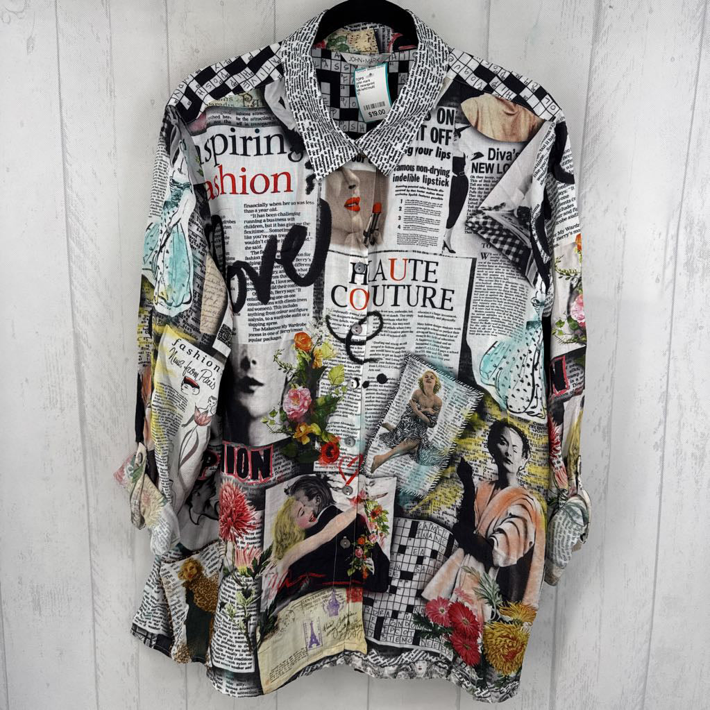 1X newsprint button down l/s top
