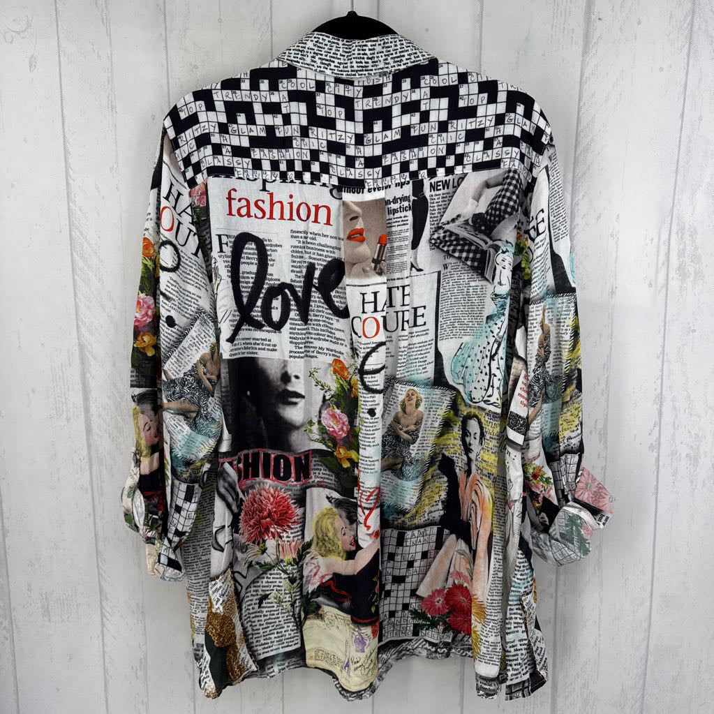 1X newsprint button down l/s top