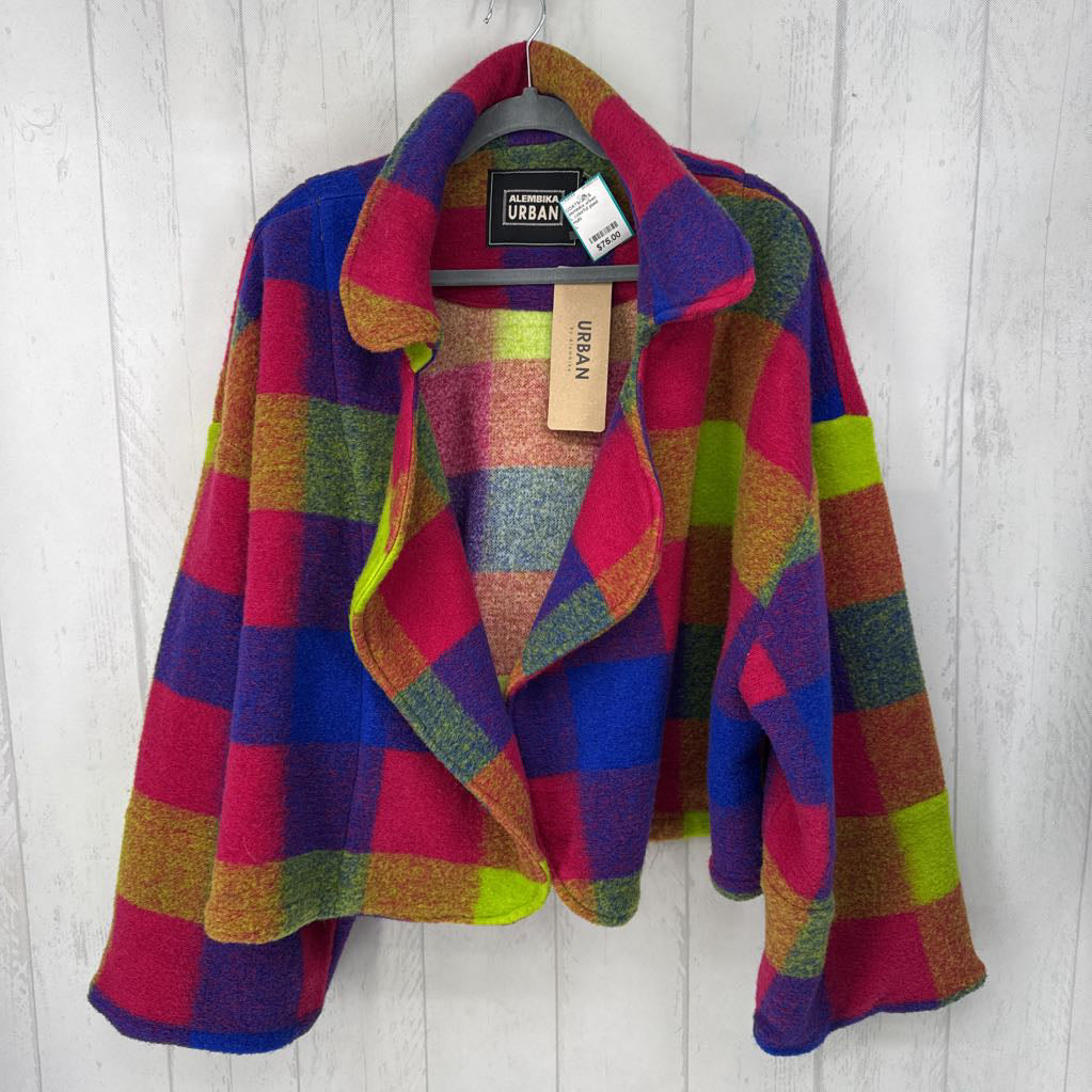 L colorful plaid open front jacket