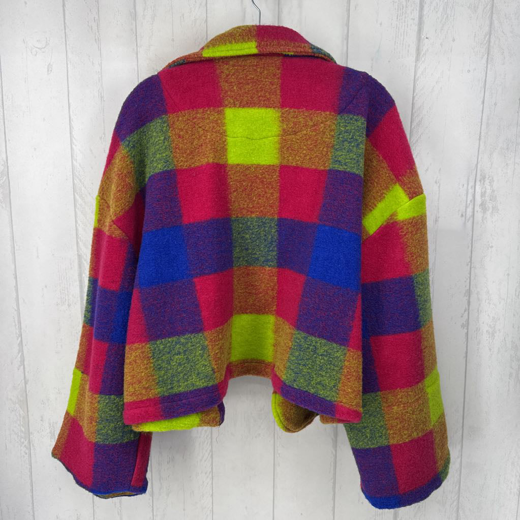 L colorful plaid open front jacket
