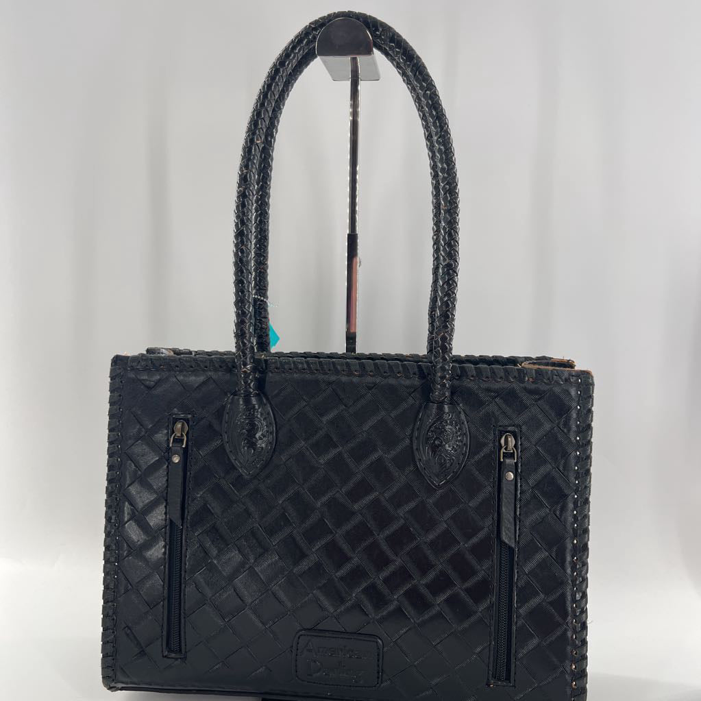 woven leather flo embossed handbag