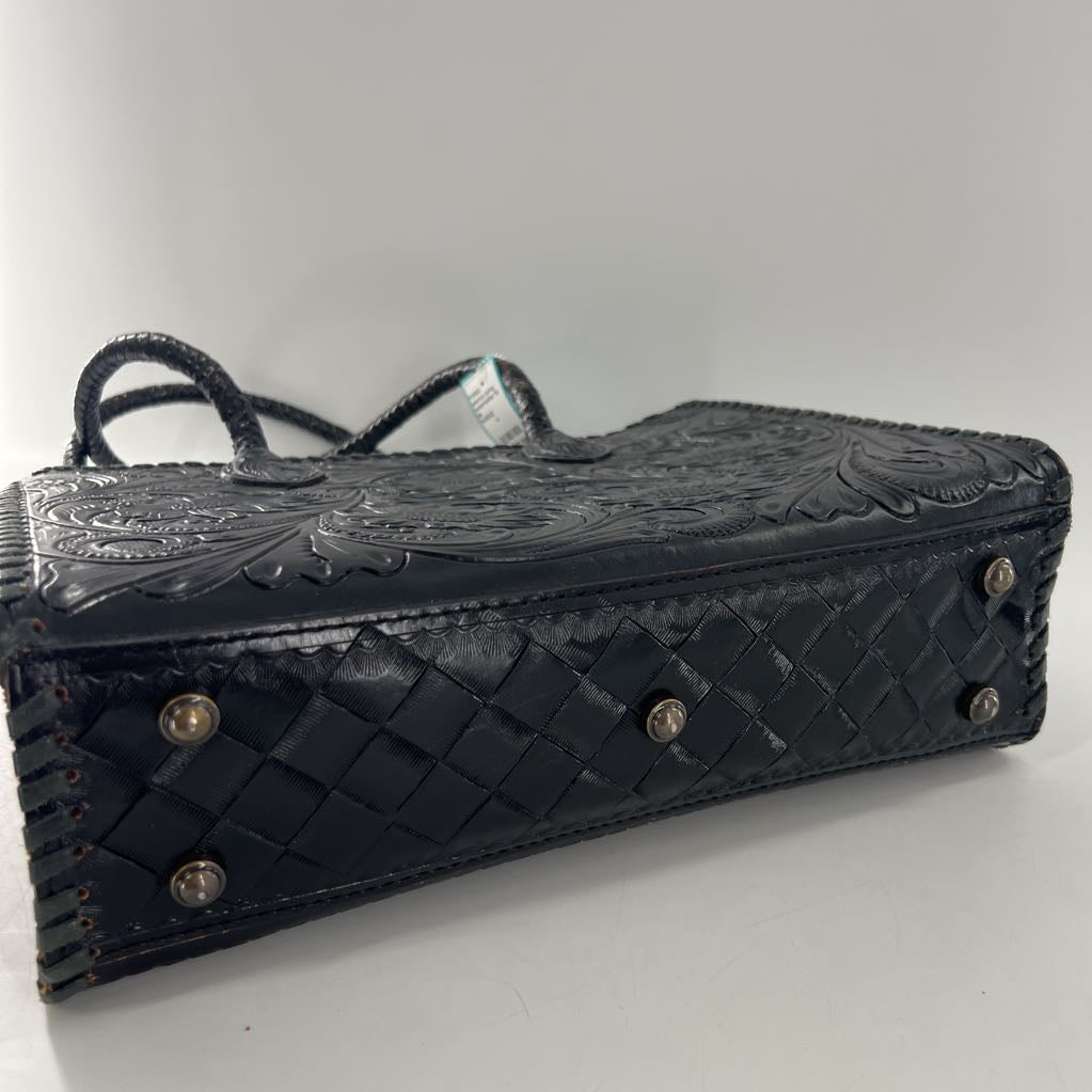 woven leather flo embossed handbag
