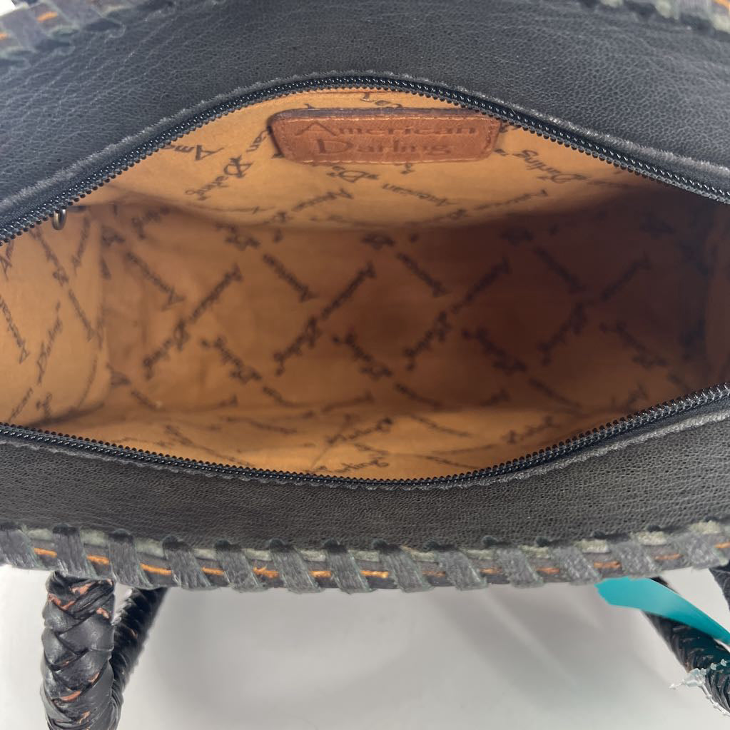 woven leather flo embossed handbag