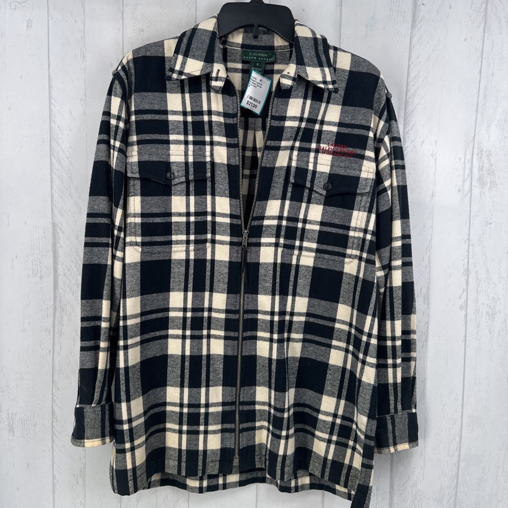 S plaid zip-up shacket