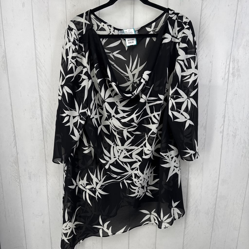 24 leaf print semi sheer cowl neck 3/4 slv top