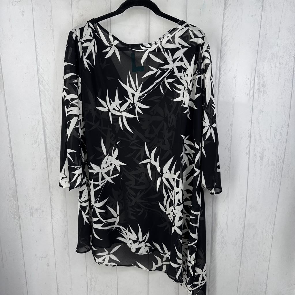 24 leaf print semi sheer cowl neck 3/4 slv top