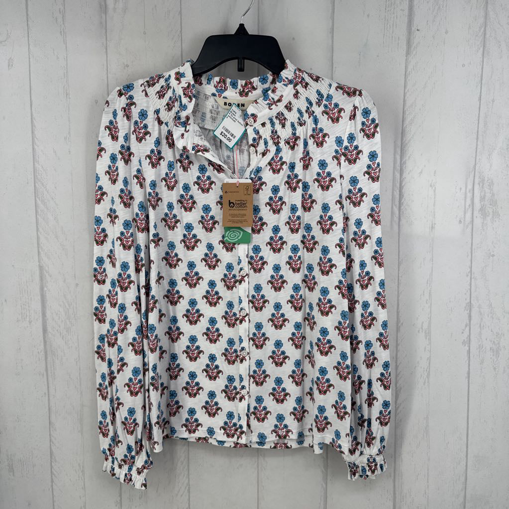6 flo print button down l/s top
