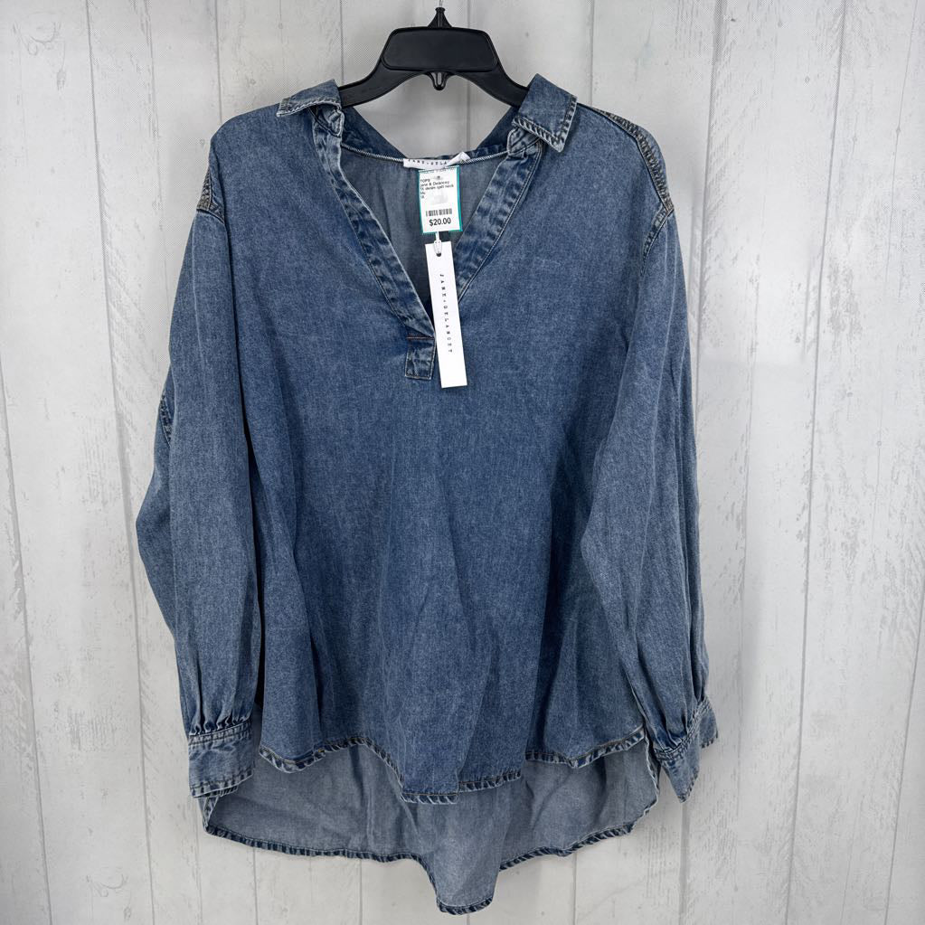1X denim split neck l/s top