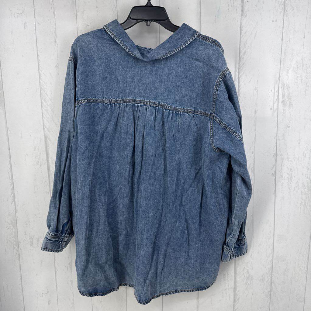 1X denim split neck l/s top