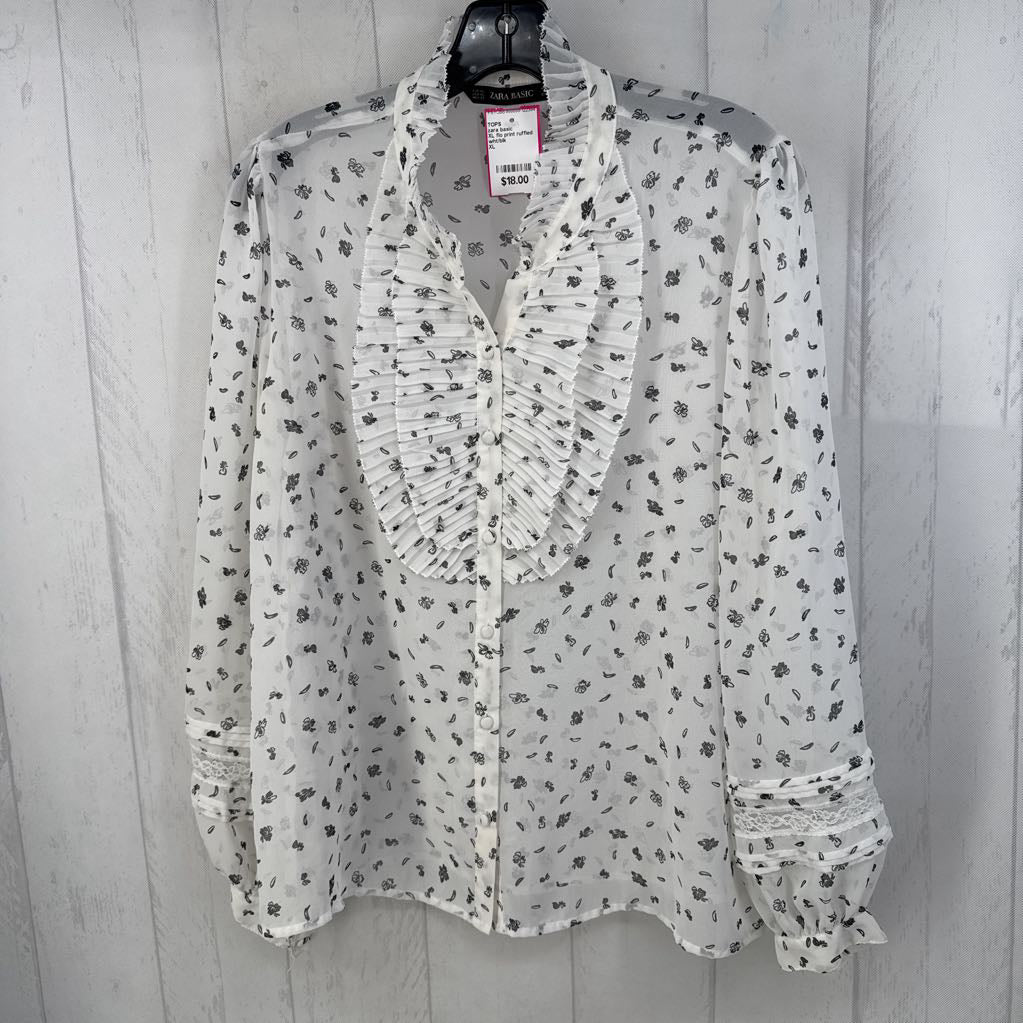XL flo print ruffled button down l/s top