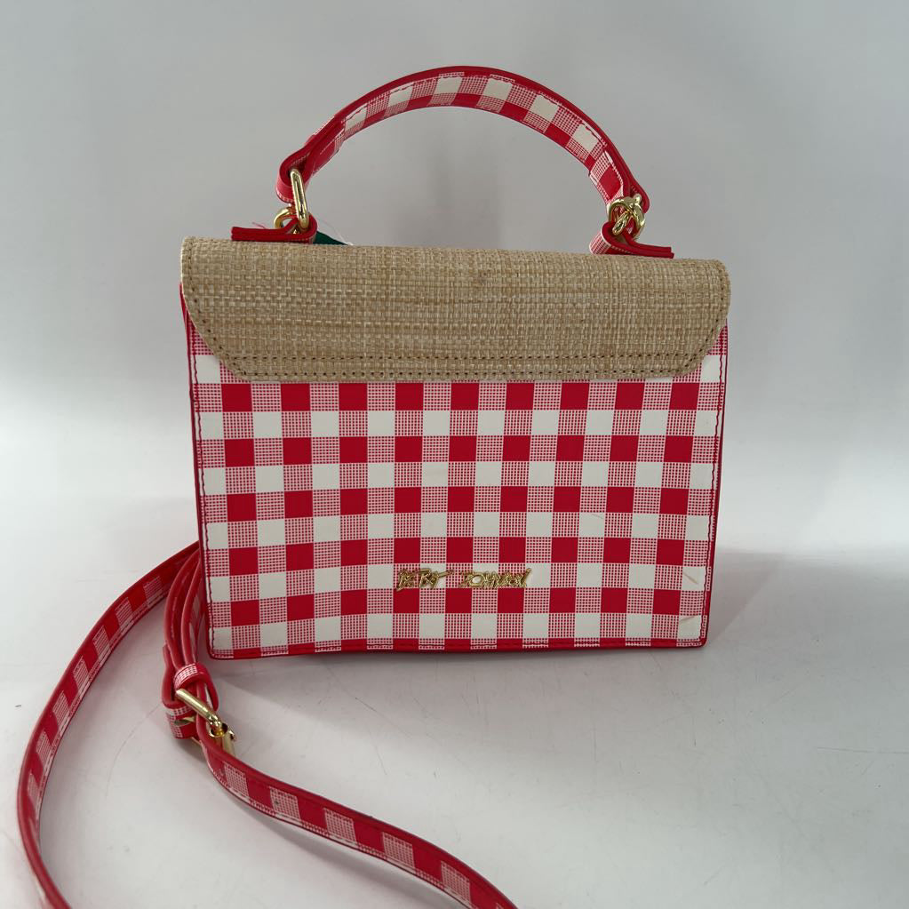 strawberry gingham straw crossbody w/ strawberry charm