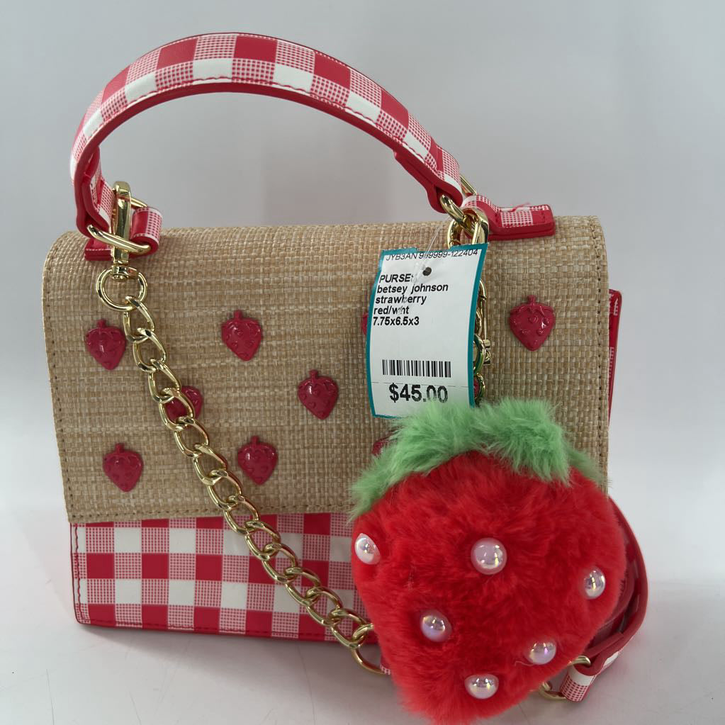 strawberry gingham straw crossbody w/ strawberry charm