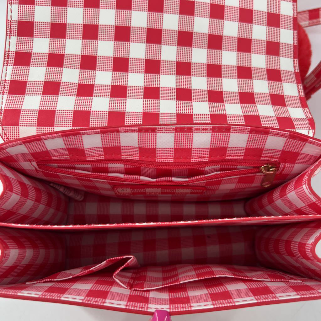 strawberry gingham straw crossbody w/ strawberry charm