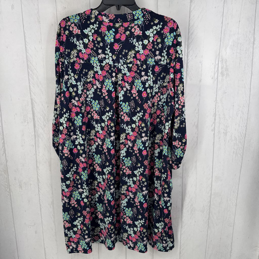 XL flo print split neck tab slv dress
