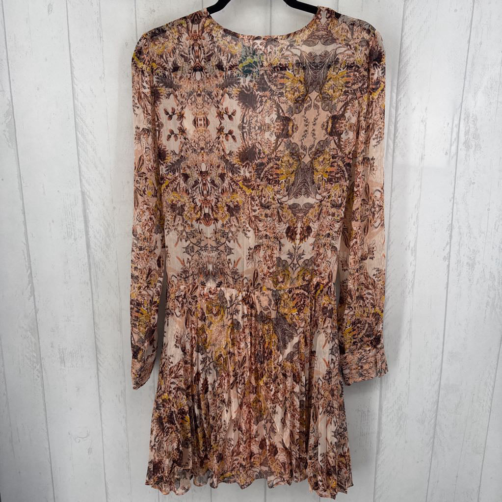 L flo print pleated crossover l/s dress