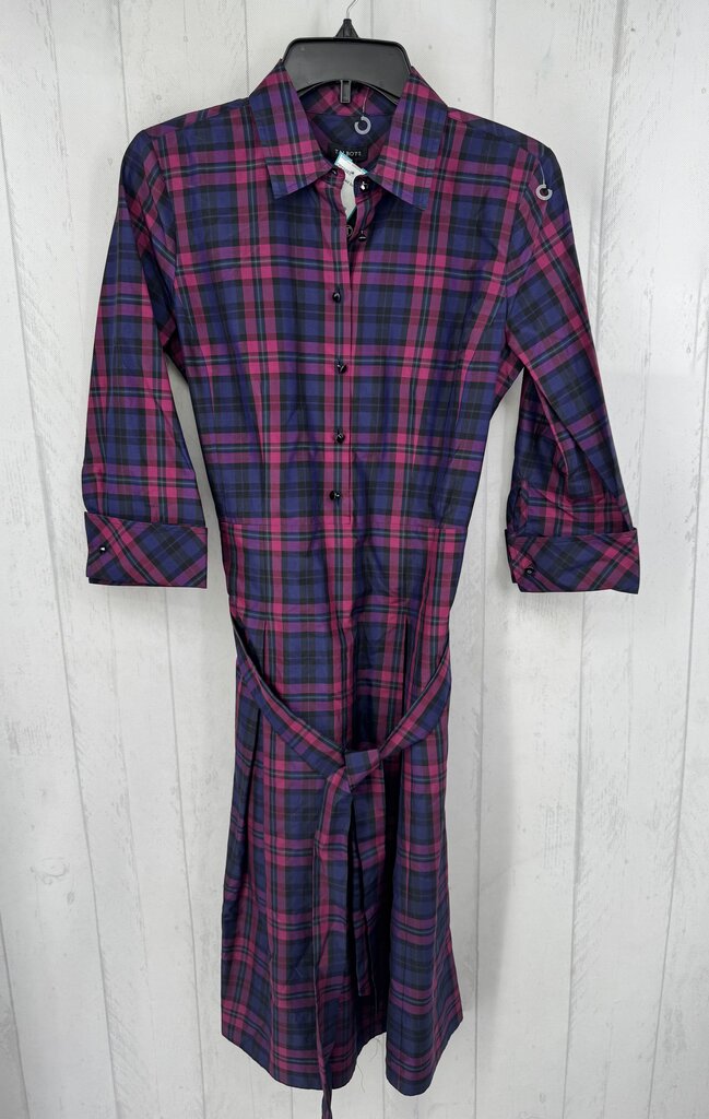 R99 2 plaid button down belted 3/4 slv dress