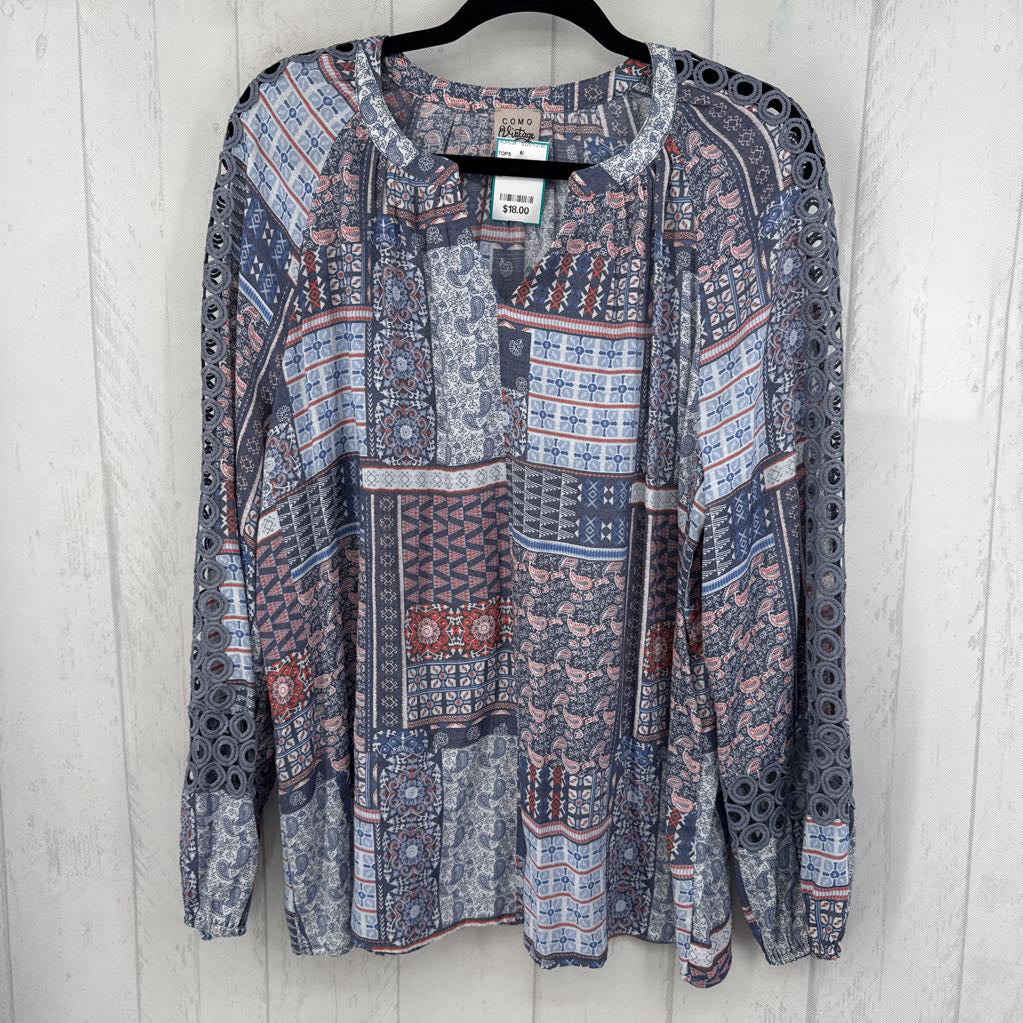 XL printed lace accent split neck l/s top