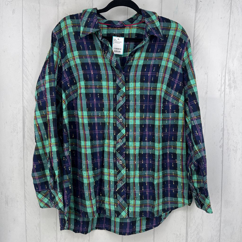 1X textured plaid button down l/s top