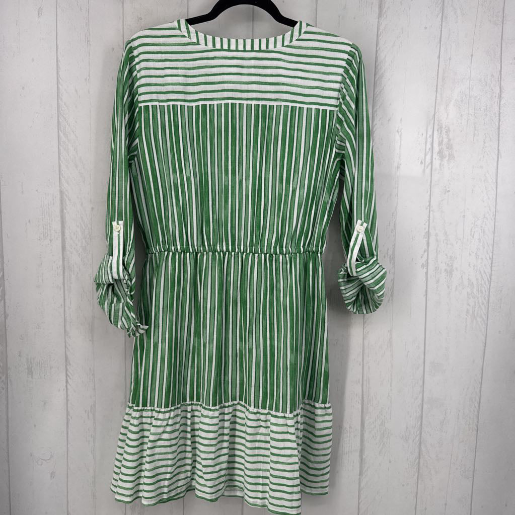 M striped button front tab slv dress