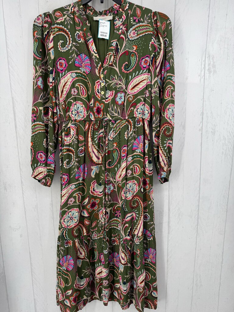 M flo print split neck l/s dress