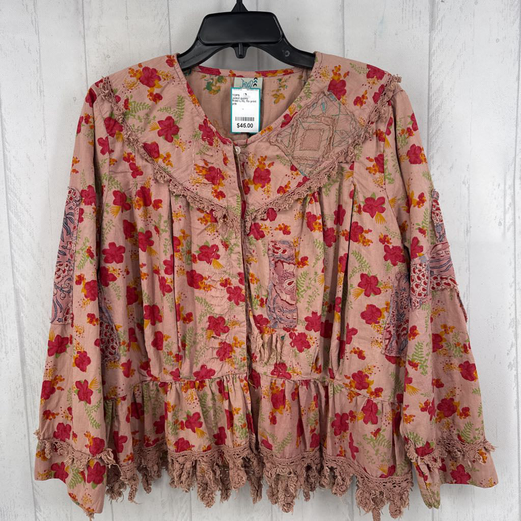 R140 L/XL flo print l/s peplum top