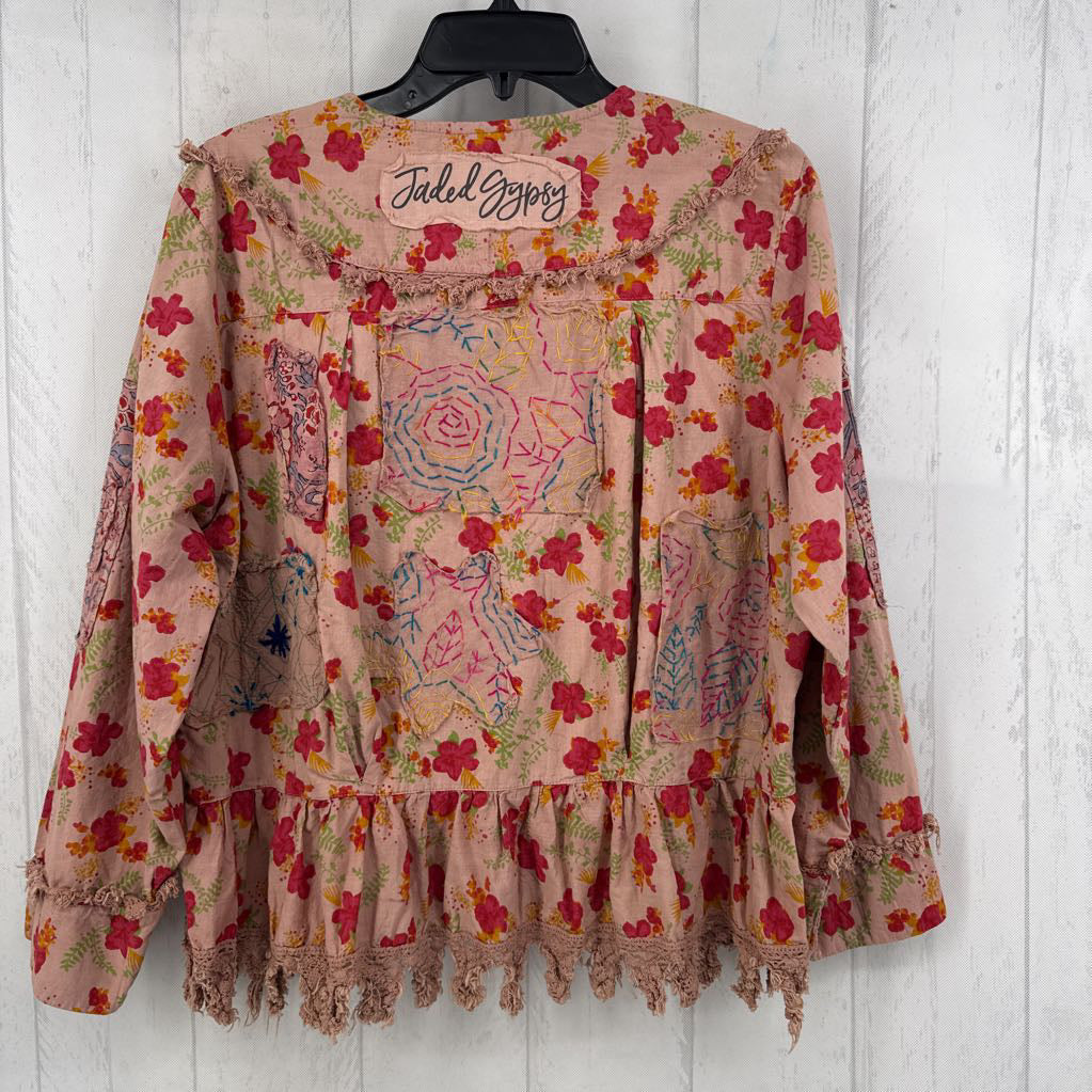 R140 L/XL flo print l/s peplum top