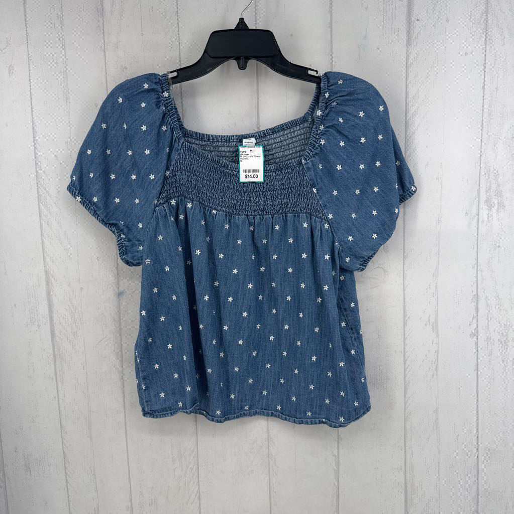 M puffy s/s flower embroidred smocked top