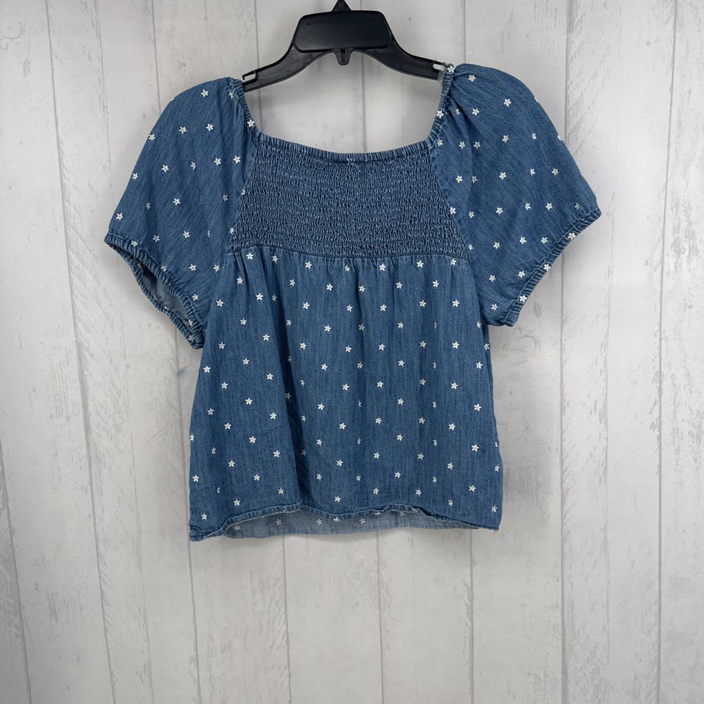 M puffy s/s flower embroidred smocked top
