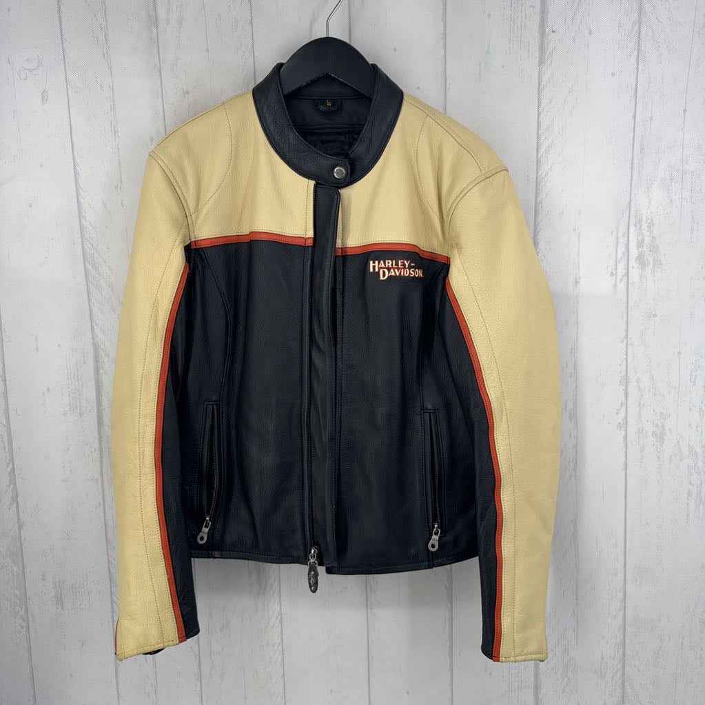 L leather zip coat w/ accent stripes & embroidered logo
